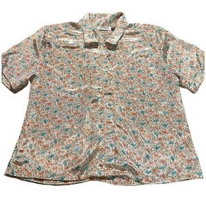 Vintage Worthington Blouse Womens Satin White Colorful Floral Button Up Shirt 16